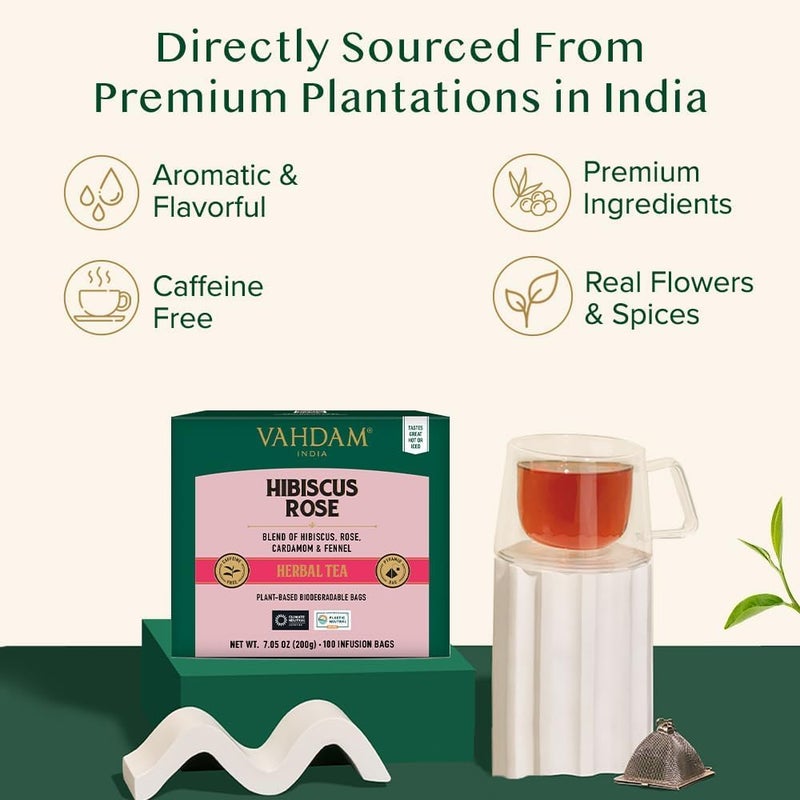 VAHDAM Hibiscus Rose Herbal Tea Bags - 100 Count with Cardamom, Fennel & Chamomile | Caffeine Free - Image 5